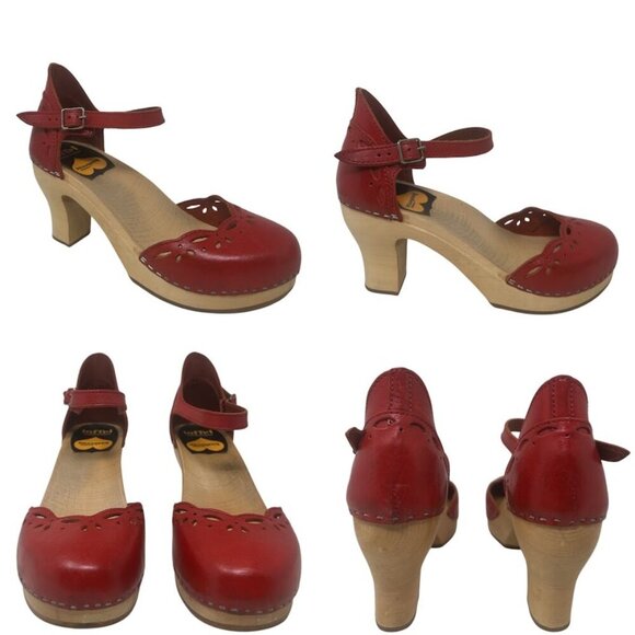 Rare Swedish Hasbeens Red Laser Cut Leather Platform Heeled Clog Sandals 9 Boho - Picture 14 of 14